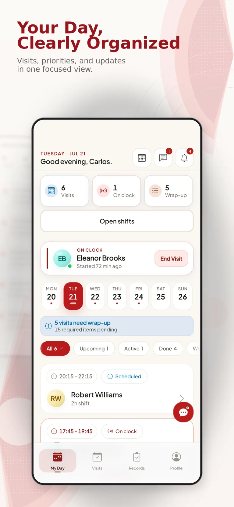 iCare caregiver app showing a clearly organized daily visit schedule